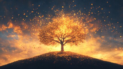 A breathtaking depiction of a lone tree on a hill its branches painted with golden leaves against a sunset sky in vibrant brushstrokes.