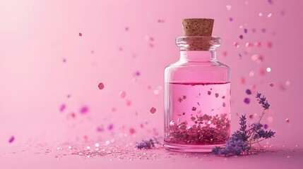A single elegant glass bottle with a cork containing lavender oil and floating copper flakes spotlighted on a hot pink backdrop.