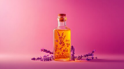 A single glass bottle filled with golden oil copper flakes and floating lavender sprigs highlighted on a bright pink backdrop.