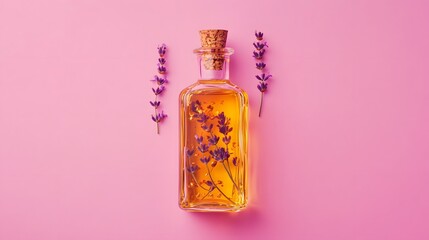 A single glass bottle filled with golden oil copper flakes and floating lavender sprigs highlighted on a bright pink backdrop.