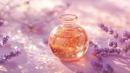 A single round glass bottle filled with a golden oil blend copper flakes and lavender flowers glowing under soft light on a pastel pink surface.