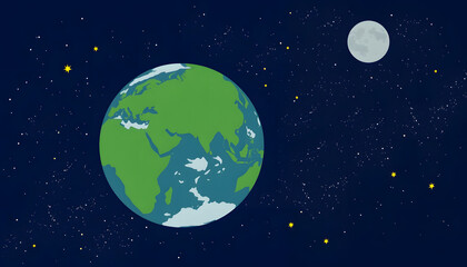 Fototapeta premium The earth the moon and stars in space, clipart style, with white tones