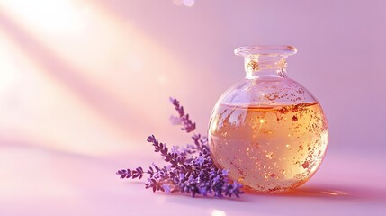 A single round glass bottle filled with a golden oil blend copper flakes and lavender flowers glowing under soft light on a pastel pink surface.