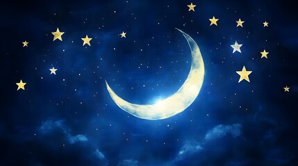 A celestial scene featuring a luminous moon and abstract stars painted with bold strokes on a deep blue canvas.