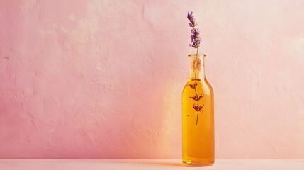 A single tall glass bottle with golden oil floating copper flakes and a lavender sprig inside positioned against a textured dusty pink wall.