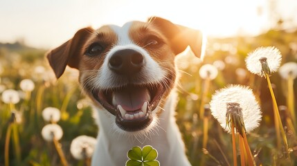 A cheerful Jack Russell terrier proudly holding a four-leaf clover sniffing happily amidst a field of dandelions.