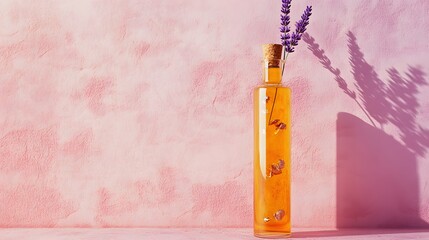 A single tall glass bottle with golden oil floating copper flakes and a lavender sprig inside positioned against a textured dusty pink wall.