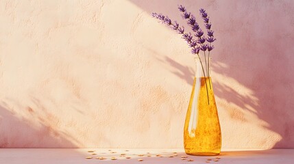 A single tall glass bottle with golden oil floating copper flakes and a lavender sprig inside positioned against a textured dusty pink wall.