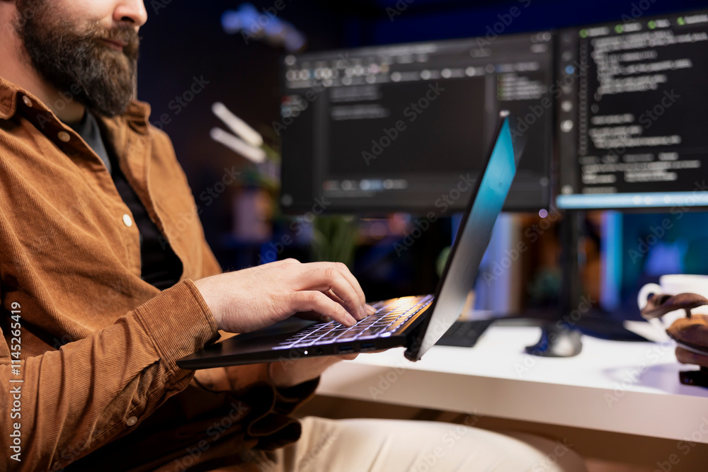 Poster admin in apartment typing on laptop to fix vulnerabilities in software enabling attackers to comprom