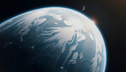 Naklejka premium A view of the earth from space with a crescent moon., realistic, with white tones