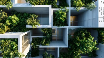 A small-ship center elevation featuring modular cubes in Morse-coded patterns surrounded by landscaped greenery.