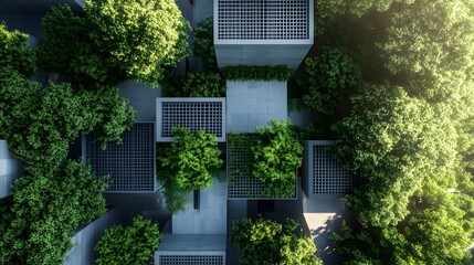 A small-ship center elevation featuring modular cubes in Morse-coded patterns surrounded by landscaped greenery.