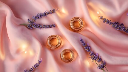 A soft and luxurious composition of small glass vials filled with copper-infused oil and lavender surrounded by gold accents on a blush pink silk backdrop.