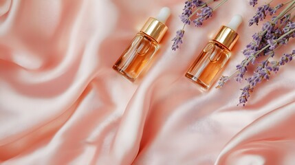 A soft and luxurious composition of small glass vials filled with copper-infused oil and lavender surrounded by gold accents on a blush pink silk backdrop.