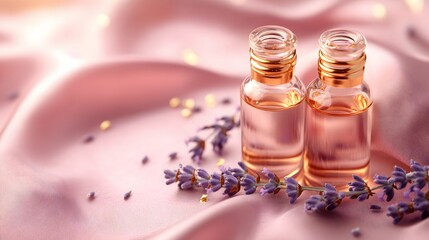 A soft and luxurious composition of small glass vials filled with copper-infused oil and lavender surrounded by gold accents on a blush pink silk backdrop.