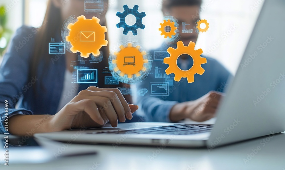 Poster a person using a laptop with digital icons representing communication and analytics.
