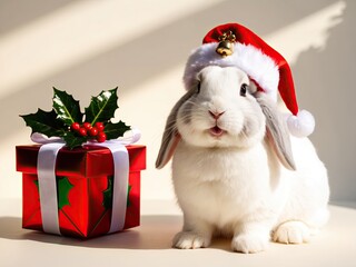 Fototapeta premium Joyful domestic rabbit wearing santa hat with fluffy white fur standing beside christmas gift box 