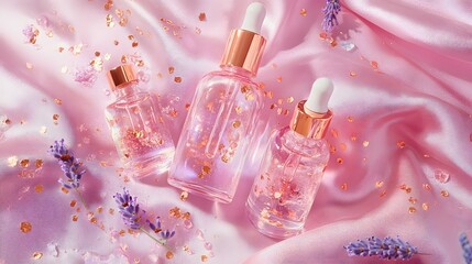 A soft and serene setup of glass bottles with lavender oil copper flakes and pastel details placed on a pink satin backdrop with subtle lighting.