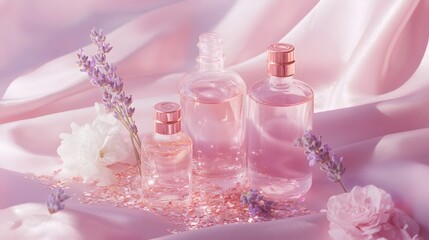A soft and serene setup of glass bottles with lavender oil copper flakes and pastel details placed on a pink satin backdrop with subtle lighting.