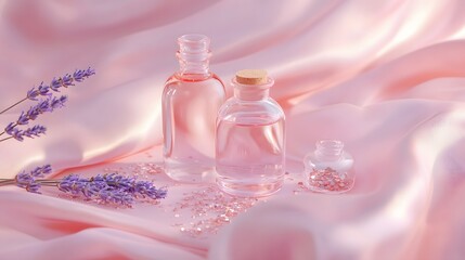 A soft and serene setup of glass bottles with lavender oil copper flakes and pastel details placed on a pink satin backdrop with subtle lighting.