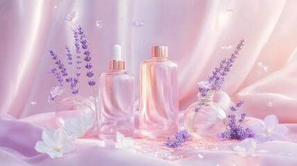 A soft and serene setup of glass bottles with lavender oil copper flakes and pastel details placed on a pink satin backdrop with subtle lighting.