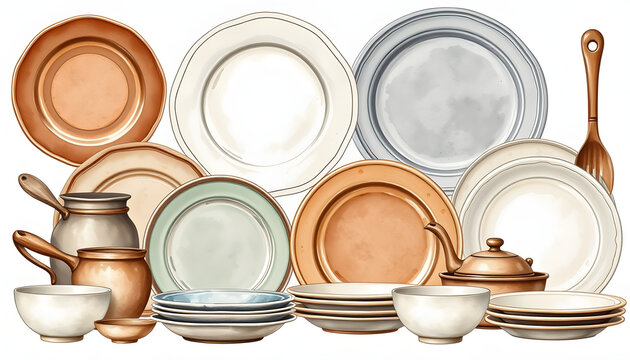 watercolor plates, bowls, and utensils on white clip art preview