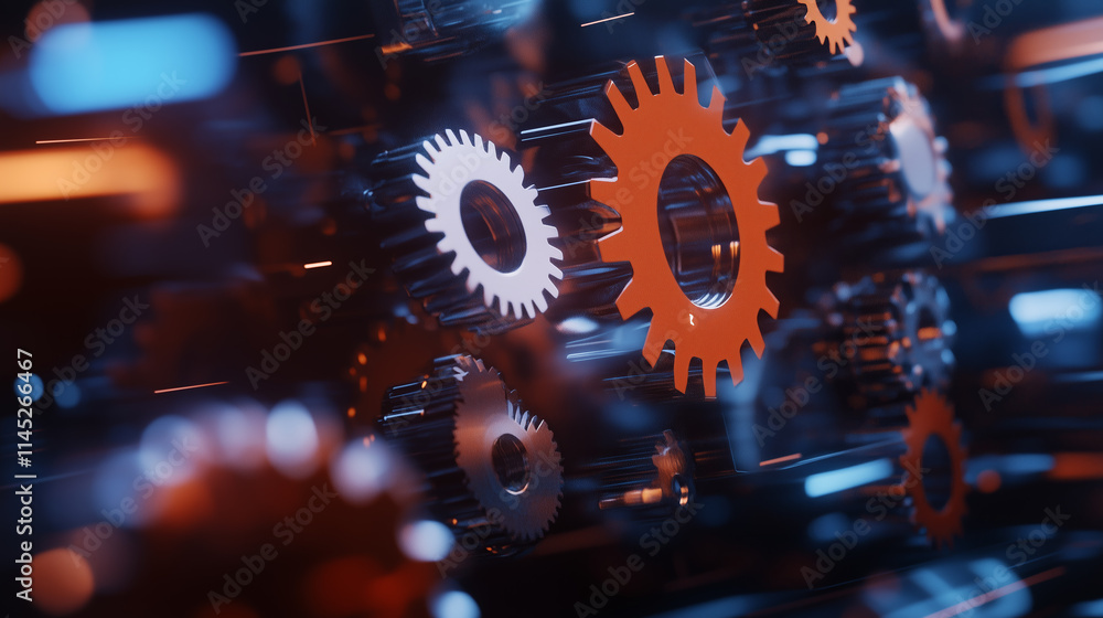 Poster gears in motion create a dynamic visual of technology and automation in an abstract digital environm