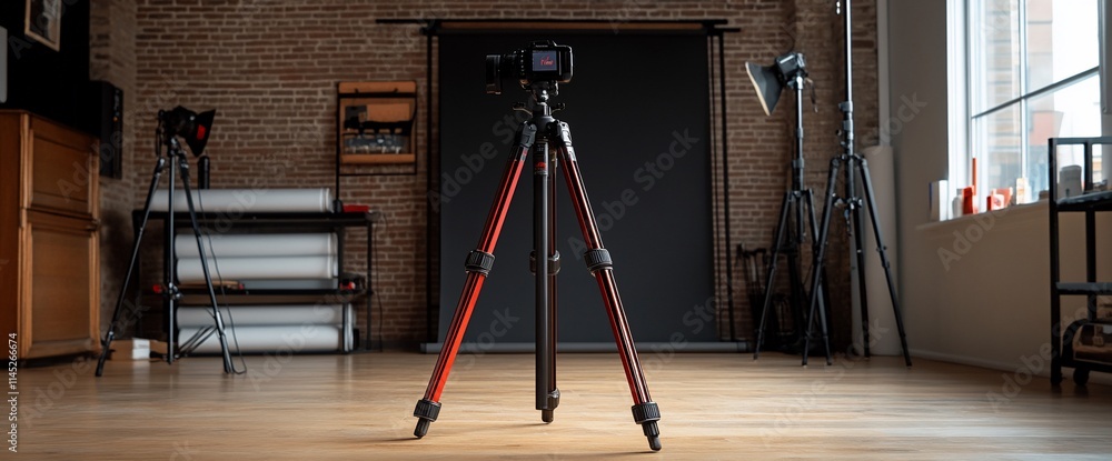 Poster a photography setup featuring a tripod and camera in a studio environment.