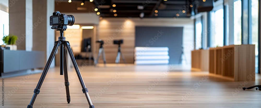 Poster a photography setup featuring a camera on a tripod in a modern studio space.