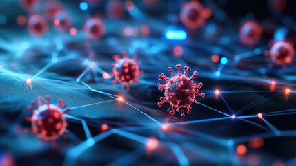 Pathogen network interconnected with neon bio-hacking symbols, pathogens, futuristic biosecurity