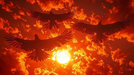 Three majestic birds soar through a fiery sunset sky.