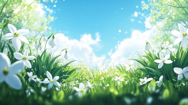 Sunny spring meadow with white flowers and green grass.