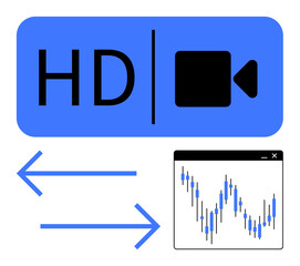 HD video icon next to arrows pointing in opposite directions beside a stock market graph. Ideal for finance, technology, digital marketing, video streaming, data analysis, multimedia