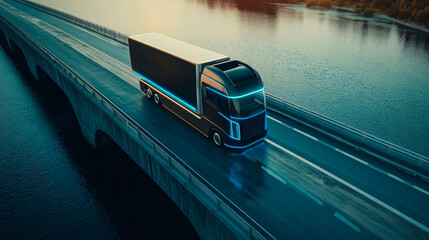 An autonomous truck equipped with artificial intelligence drives on a bridge, showcasing the future of cargo delivery and transportation