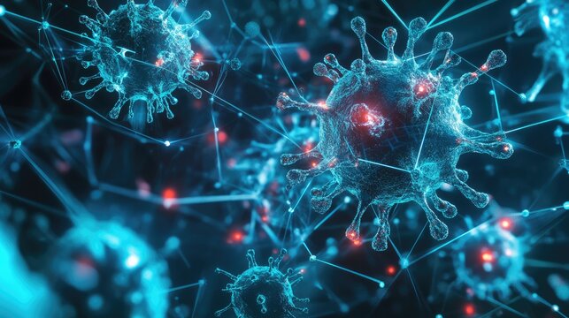 Pathogen network interconnected with neon bio-hacking symbols, pathogens, futuristic biosecurity