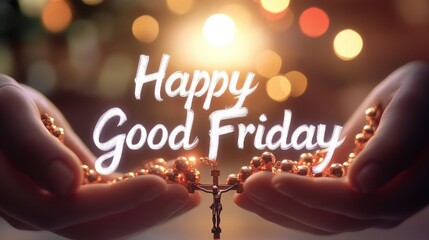 A pair of hands holding a rosary with a "Happy Good Friday" message.