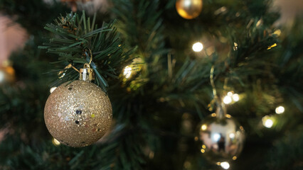 Christmas and New Year background. Christmas tree branch with hanging ball.