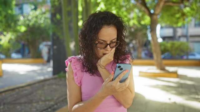 Young woman with glasses using smartphone in a city park, looking surprised and wearing pink top outdoors on a sunny day