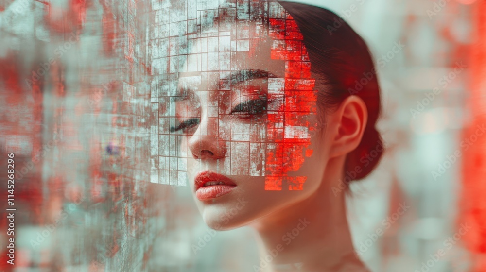 Poster intricate human portrait with 3d anaglyph overlay revealing depth and emotion