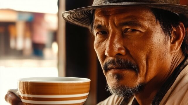 Java Man Enjoying a Quiet Moment With Coffee in a Rustic Setting at Dawn