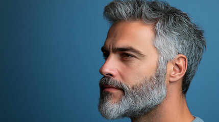 Obraz premium Handsome and good looking middle aged man in his or with gray beard and hair. side view closeup studio photography, blue wall background, neutral and serious face expression.