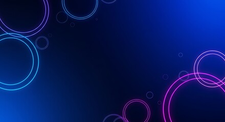 Glowing neon circles, dark blue, pink, purple abstract geometric design.  Vibrant lines.