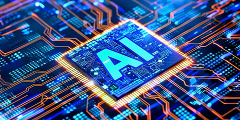 A close-up of an AI chip with the letters "AI" on it, surrounded by glowing blue and orange circuit lines
