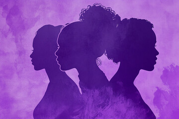 Silhouettes of different women, ethnicities, featuring half portraits symbolizing empowerment and the official color of International Women’s Day