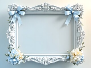 Elegant Blue Floral Frame with Ribbons on Soft Background


