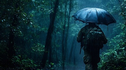 A soldier trudging through heavy rain in a dark forest with his parachute.