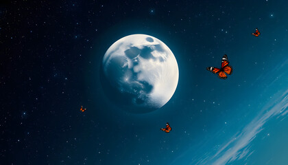 Fototapeta premium Celestial Harmony: Moon, Earth, and Cosmic Butterflies, angled photoshot, with white tones