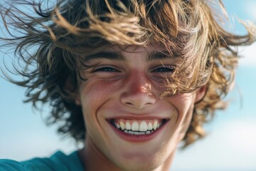 A close-up of a young person radiating joy on International Youth Day. The wind tousles their hair, and their beaming smile reflects youthful energy and optimism against a beautiful sky