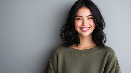 Fototapeta premium Beautiful young lady with black hair wearing an olive green sweatshirt. smiling and looking at the camera. studio shot, clean wall in the background. cute pretty woman, smiling girl model portrait.