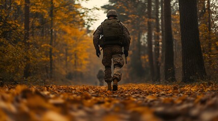 A soldier walking through a serene forest with his parachute trailing golden leaves scattered on the ground.